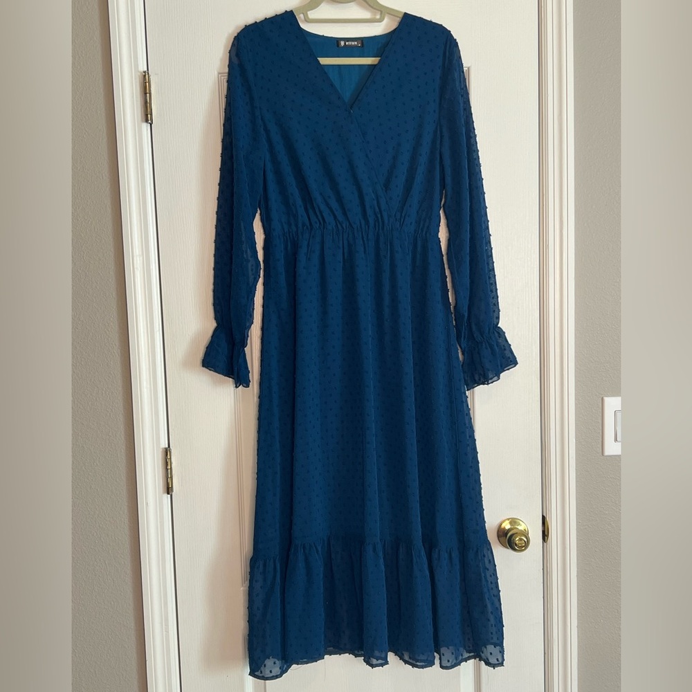 Peacock Blue Tiered Maxi Dress with Textured Swiss Dot Fabric